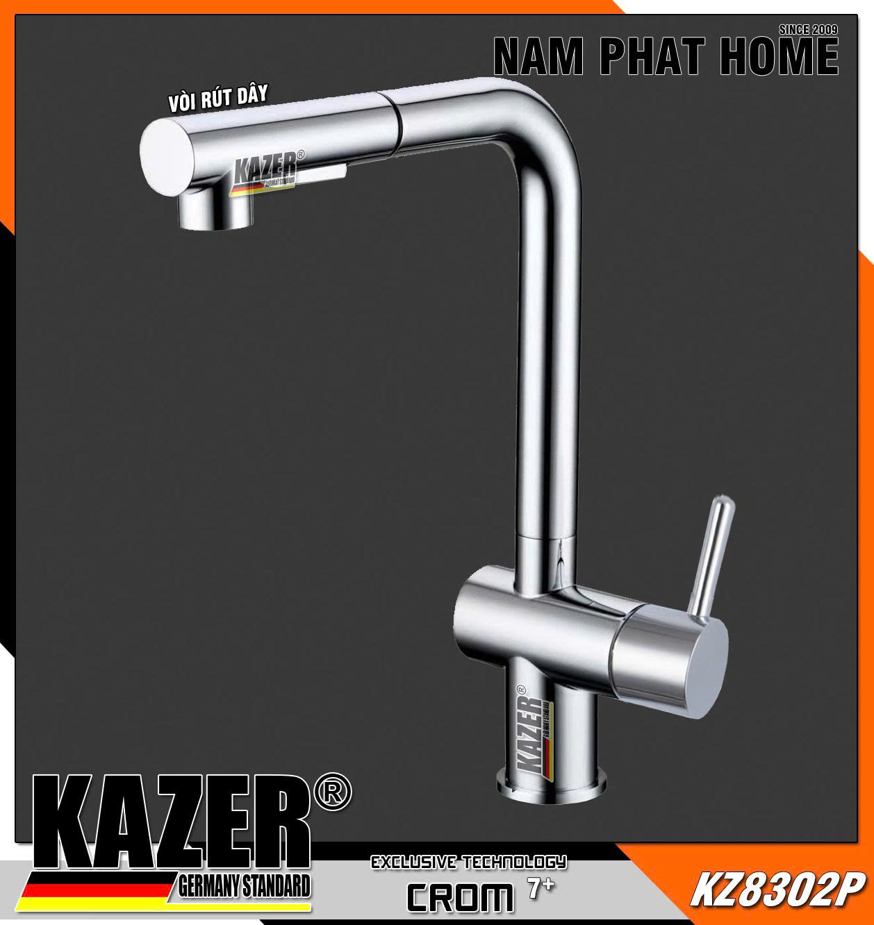 KZ8302P - VÒI RỬA CHÉN NÓNG LẠNH DÂY RÚT ĐỒNG MẠ CROME KAZER 12