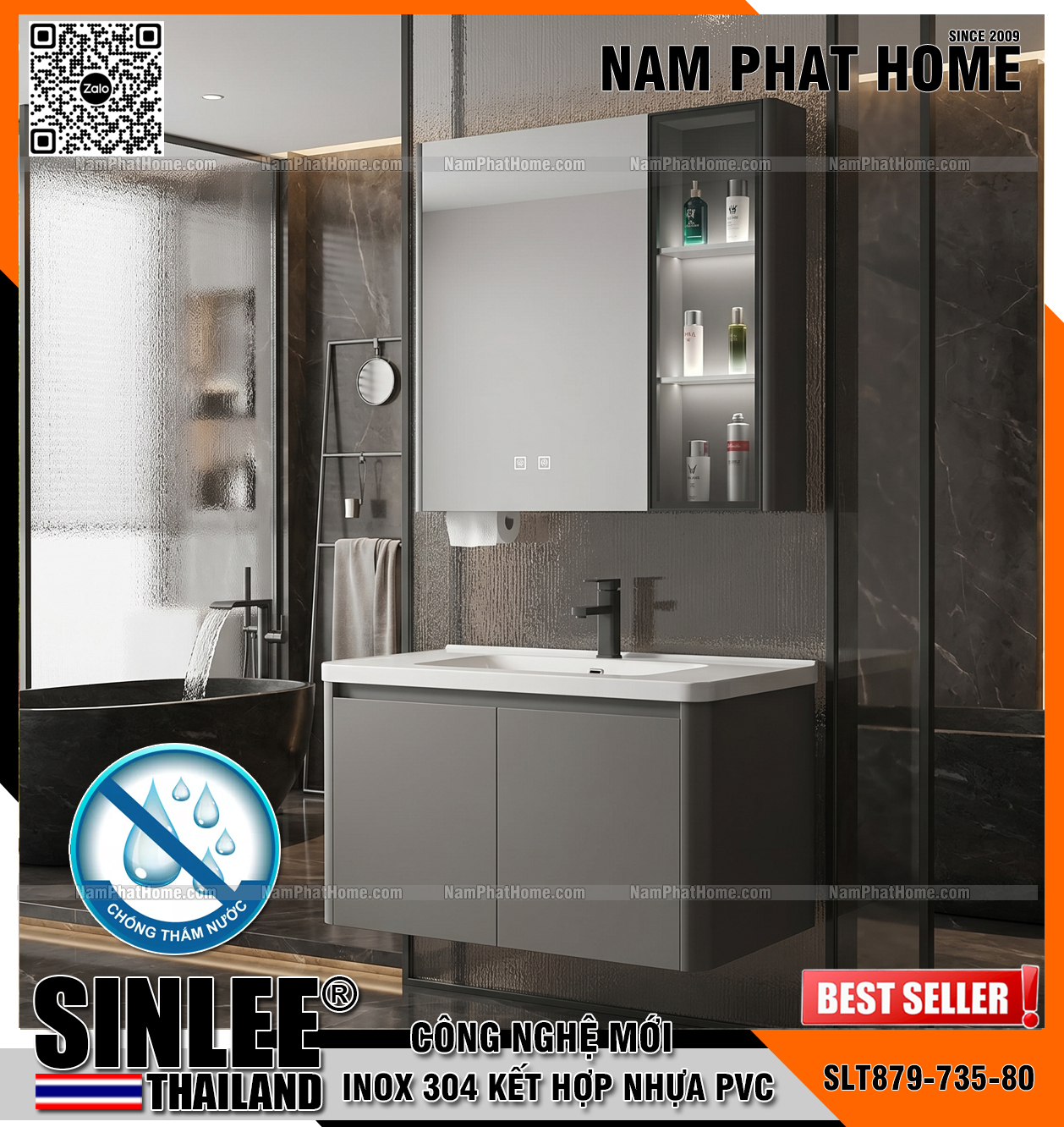 SLT879-735-80, Bộ tủ lavabo khung inox +Pvc chống thấm, Tủ bo cong, Màu xám, Size 800x500mm