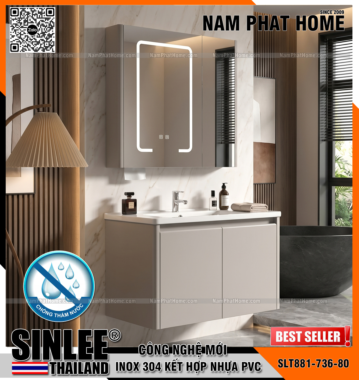 SLT881-736-80, Bộ tủ lavabo khung inox +Pvc chống thấm, Tủ bo cong, Màu kem, Size 800x500mm