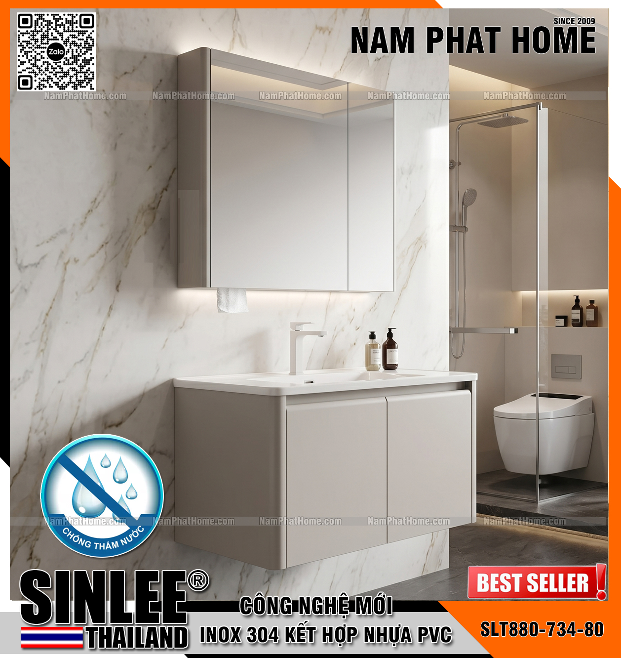 SLT880-734-80, Bộ tủ lavabo khung inox +Pvc chống thấm, Tủ bo cong, Màu kem, Size 800x500mm