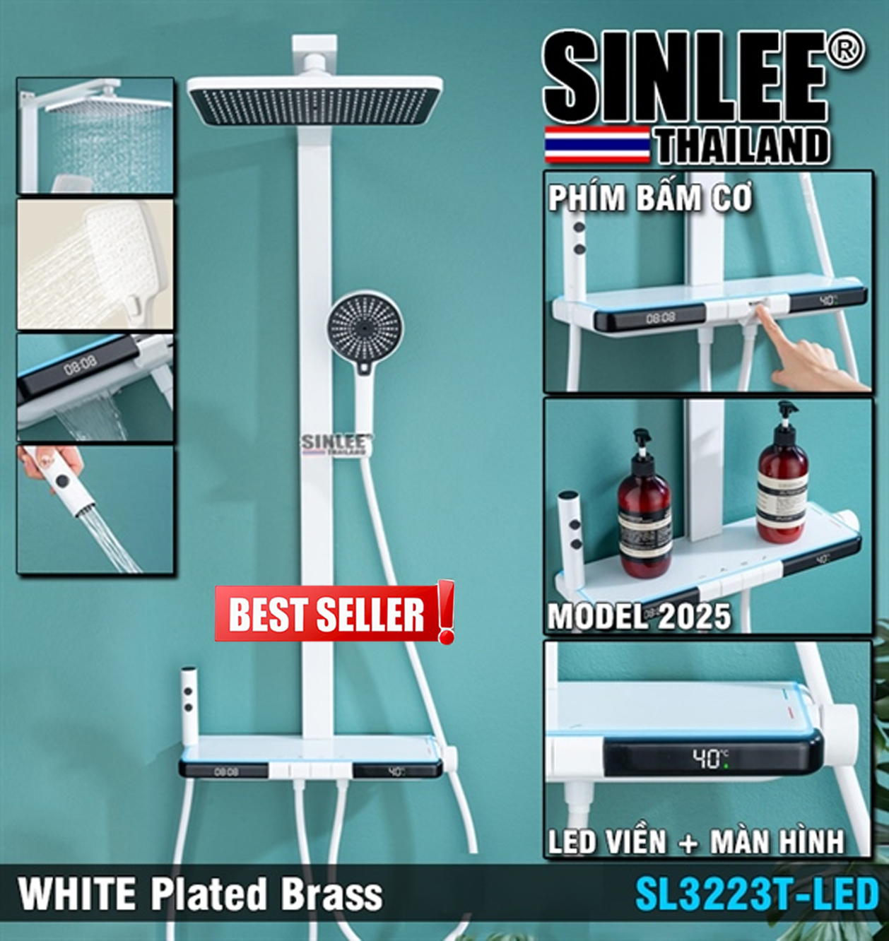  SL3223T – SEN CÂY TẮM ĐỨNG ĐỒNG THAU BẢN LỚN MÀU TRẮNG, PHÍM BẤM, CÓ ĐÈN LED SALE BỎ MẪU