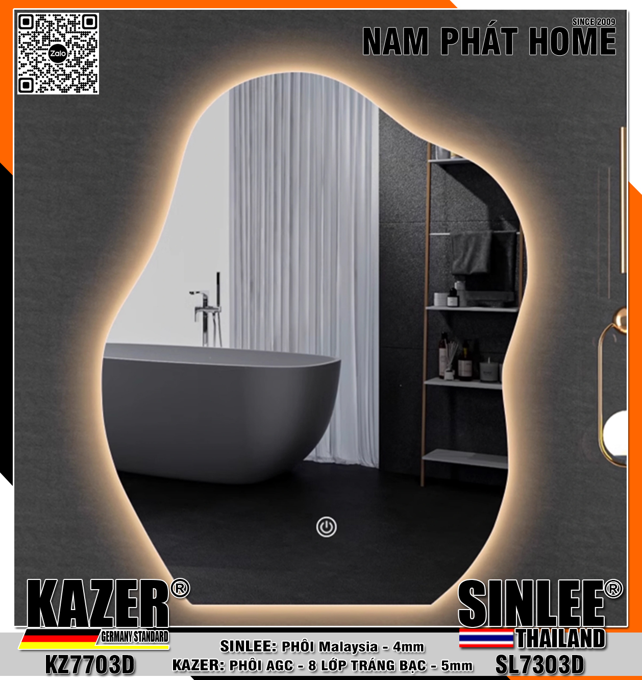 KZ7703, GƯƠNG LED HẮT SAU, PHÔI AGC KAZER TRÁNG BẠC 8 LỚP