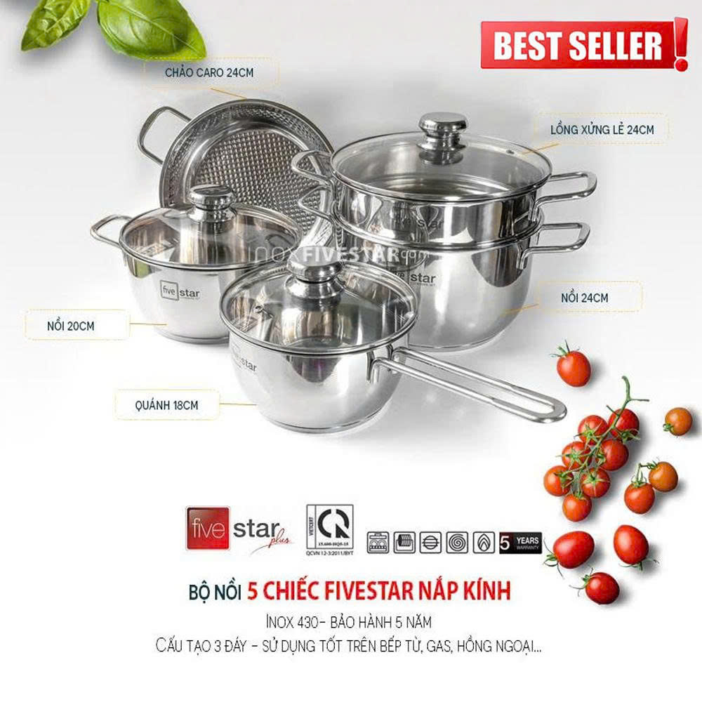 BỘ NỒI 5 MÓN CAO CẤP INOX 304 - NẮP THỦY TINH 