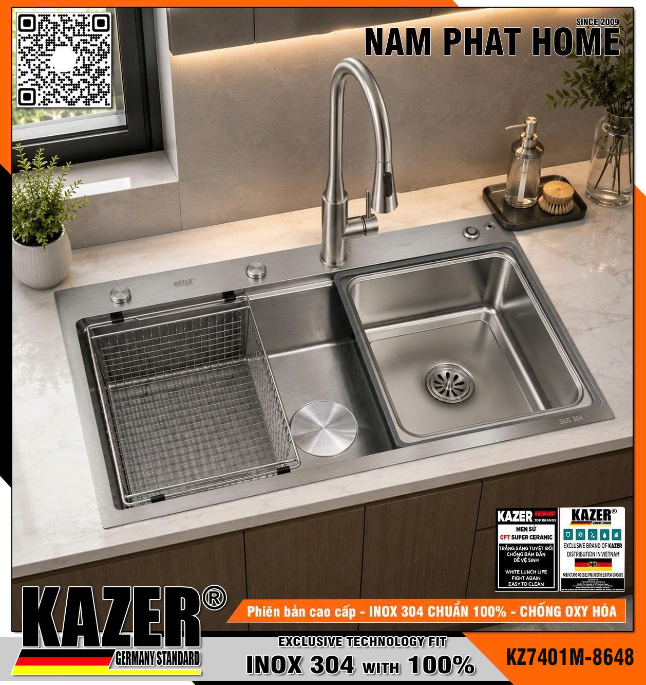 KZ7401M - BỒN RỬA CHÉN 1 HỘC KAZER, INOX ĐÚC NHẬP KHẨU 304 , PHỦ FULL CARBON, 86x48cm