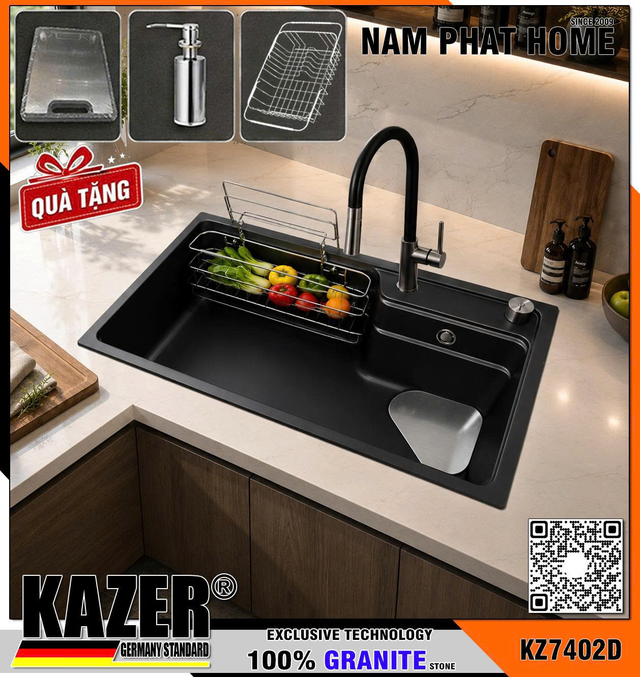 KZ7402D-7848 -  CHẬU RỬA CHÉN ĐÁ GRANITE 1 HỘC, MÀU ĐEN