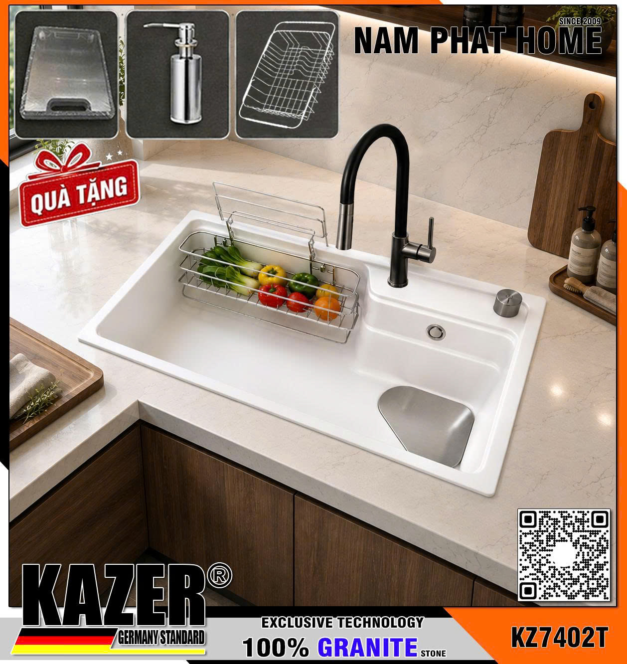 KZ7402T-7848 -  CHẬU RỬA CHÉN ĐÁ GRANITE 1 HỘC, MÀU TRẮNG