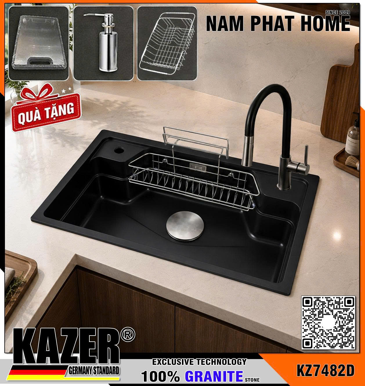 KZ7482D-8050 -  CHẬU RỬA CHÉN ĐÁ GRANITE 1 HỘC, MÀU ĐEN