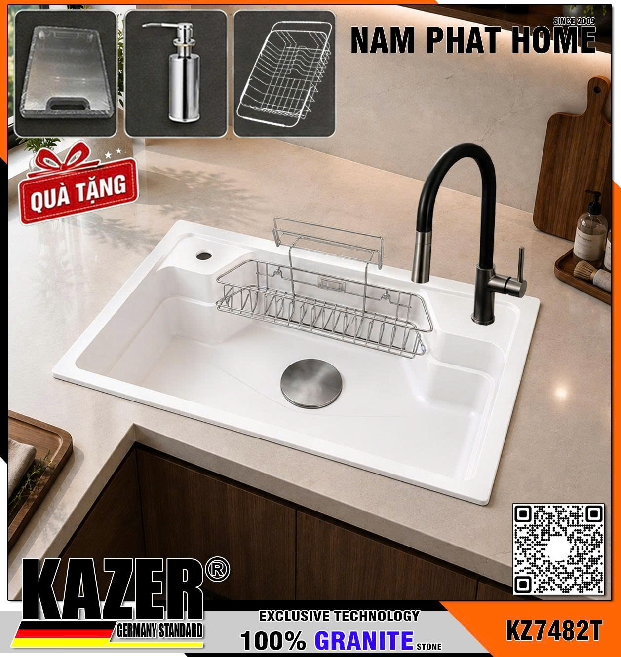 KZ7482T-8050 -  CHẬU RỬA CHÉN ĐÁ GRANITE 1 HỘC, MÀU TRẮNG YẾN MẠCH