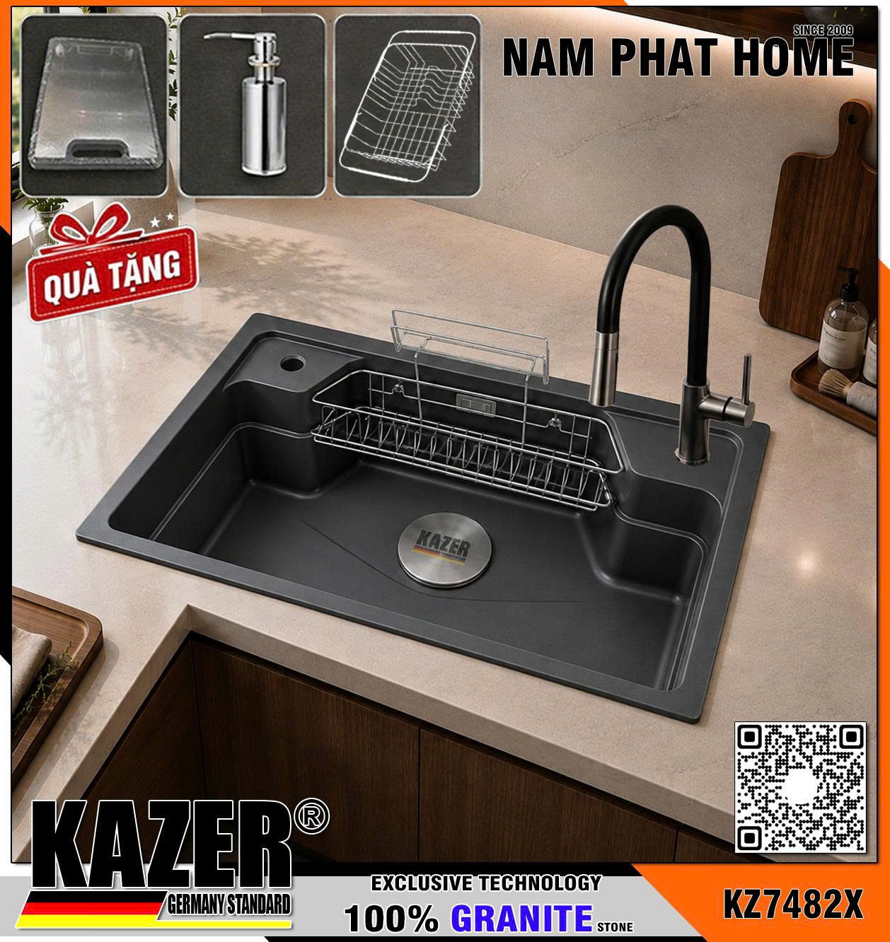 KZ7482X-8050 -  CHẬU RỬA CHÉN ĐÁ GRANITE 1 HỘC, MÀU XÁM