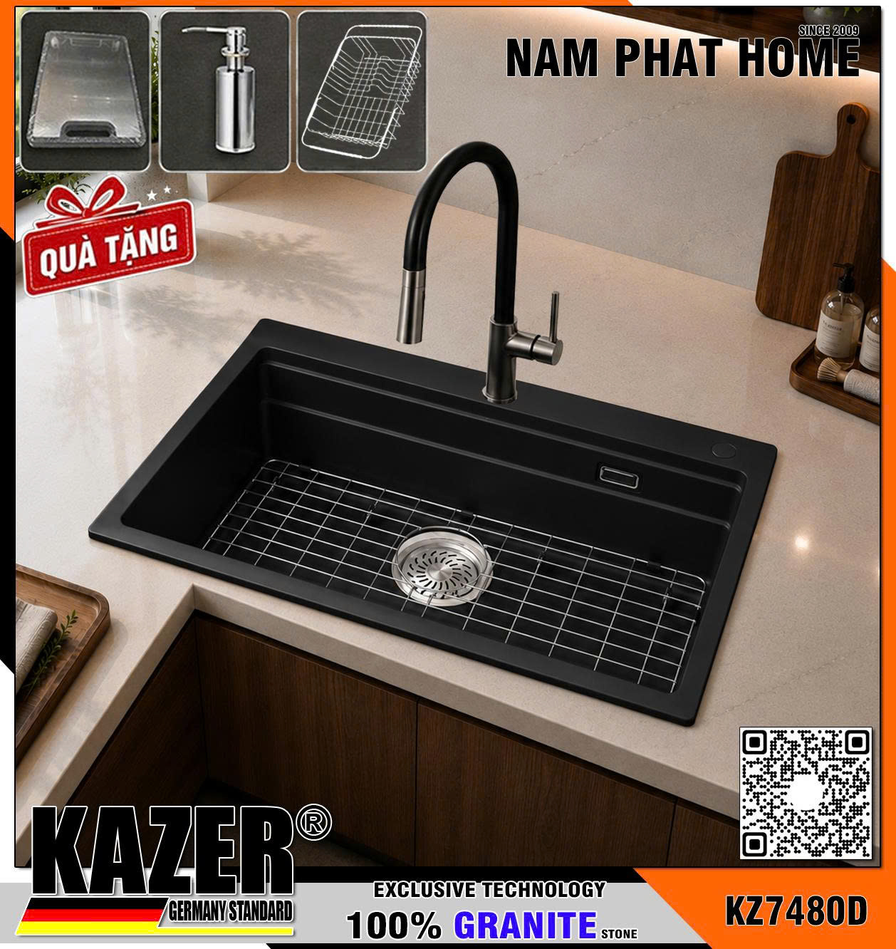 KZ7480D-7850 -  CHẬU RỬA CHÉN ĐÁ GRANITE 1 HỘC, MÀU ĐEN