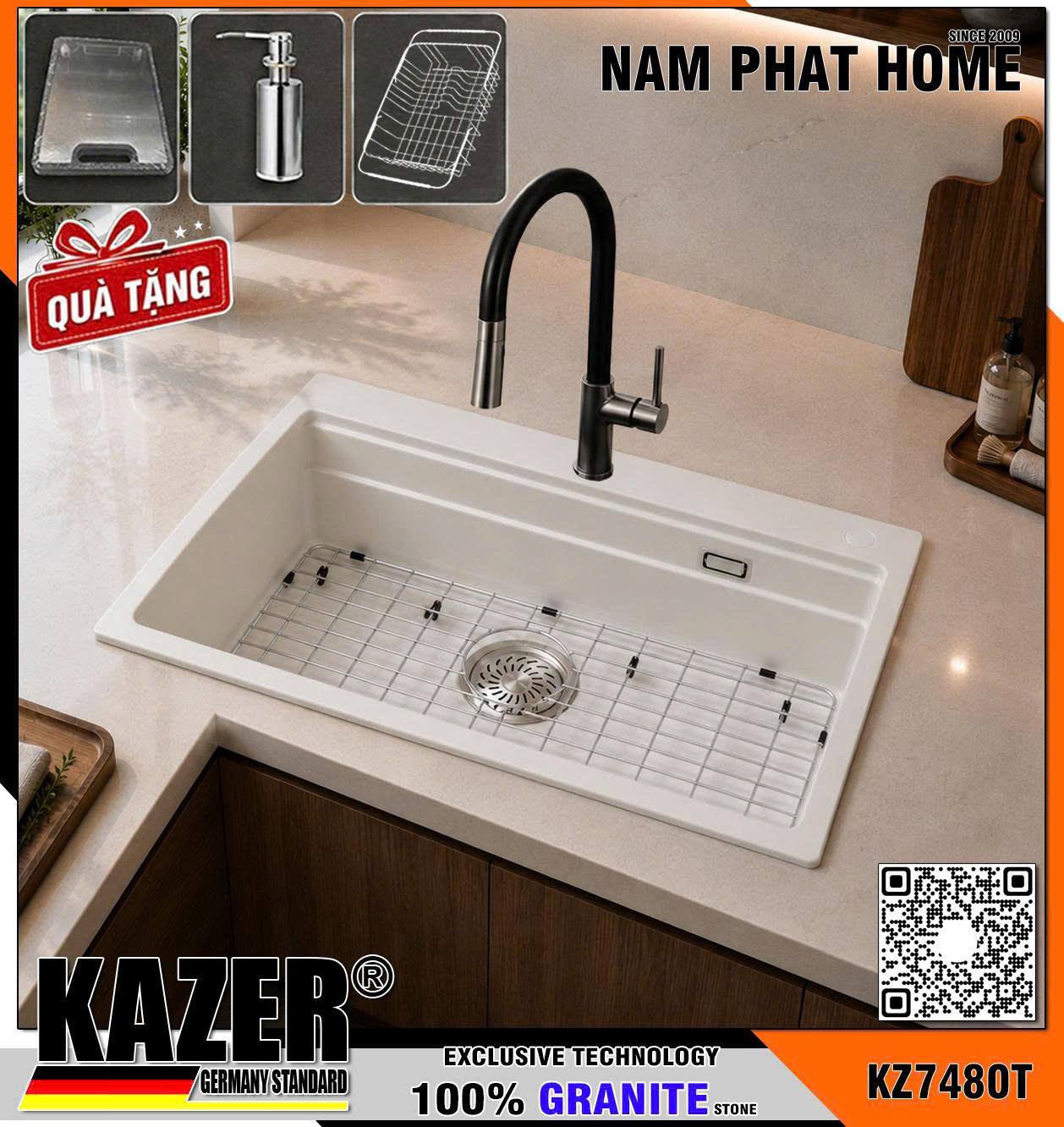 KZ7480T-7850 -  CHẬU RỬA CHÉN ĐÁ GRANITE 1 HỘC, MÀU TRẮNG YẾN MẠCH