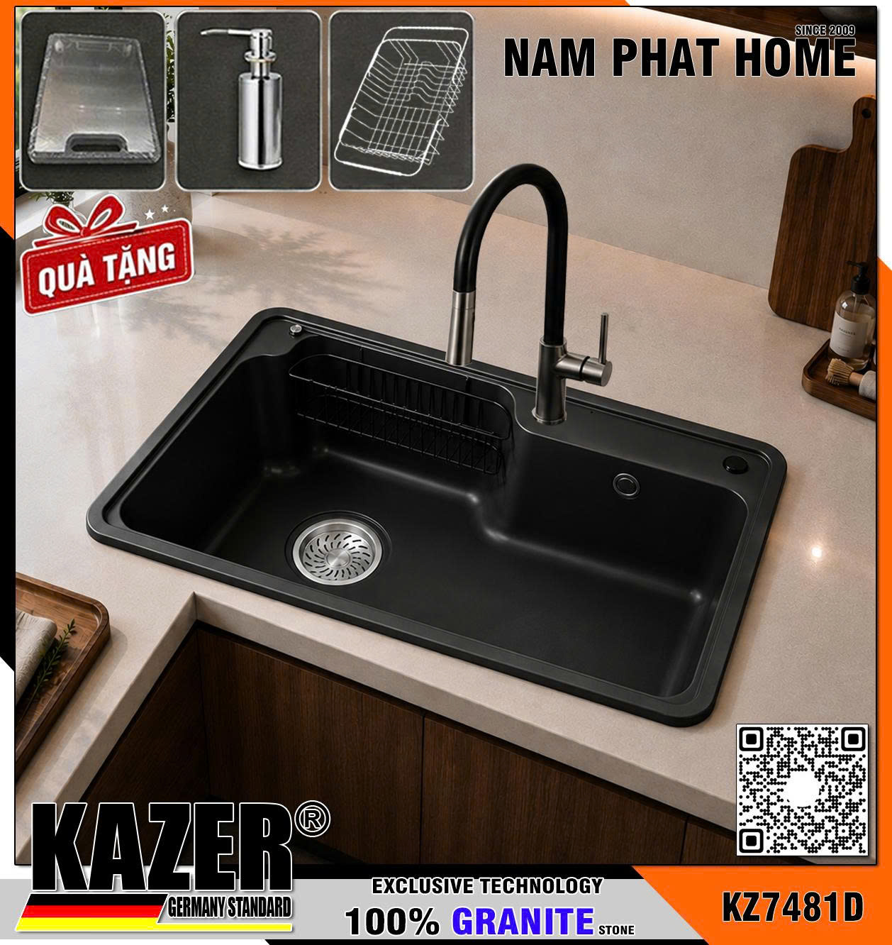 KZ7481D-7848 -  CHẬU RỬA CHÉN ĐÁ GRANITE 1 HỘC, MÀU ĐEN