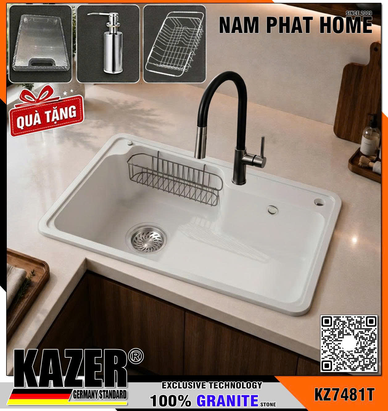 KZ7481T-7848 -  CHẬU RỬA CHÉN ĐÁ GRANITE 1 HỘC, MÀU TRẮNG