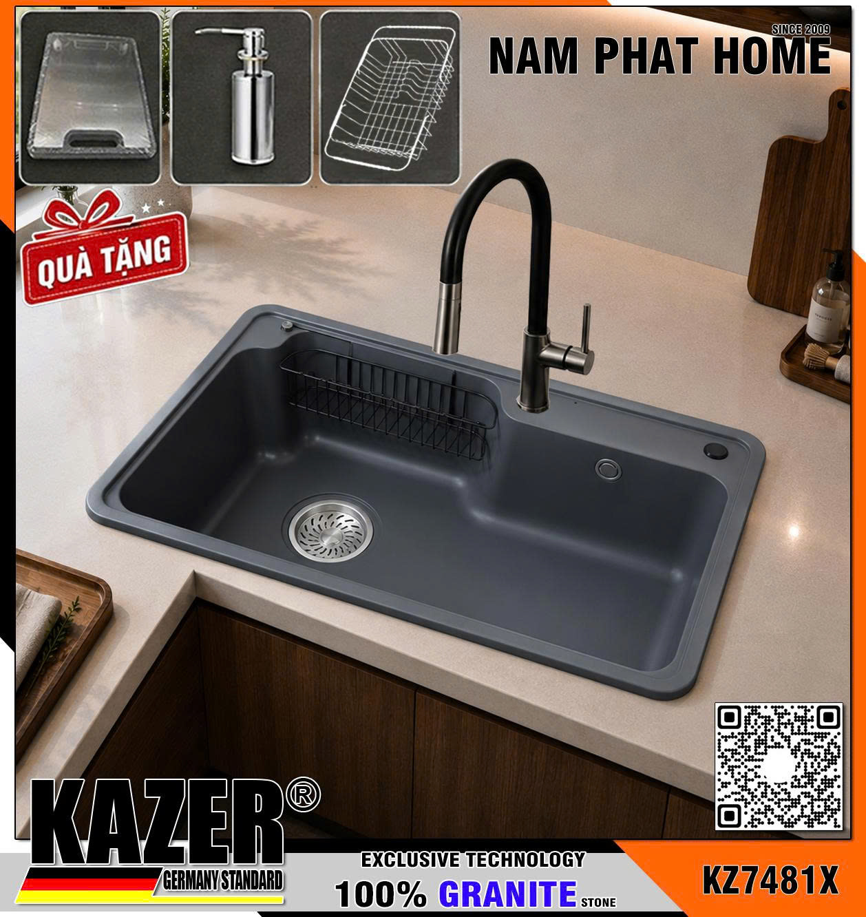 KZ7481X-7848 -  CHẬU RỬA CHÉN ĐÁ GRANITE 1 HỘC, MÀU XÁM