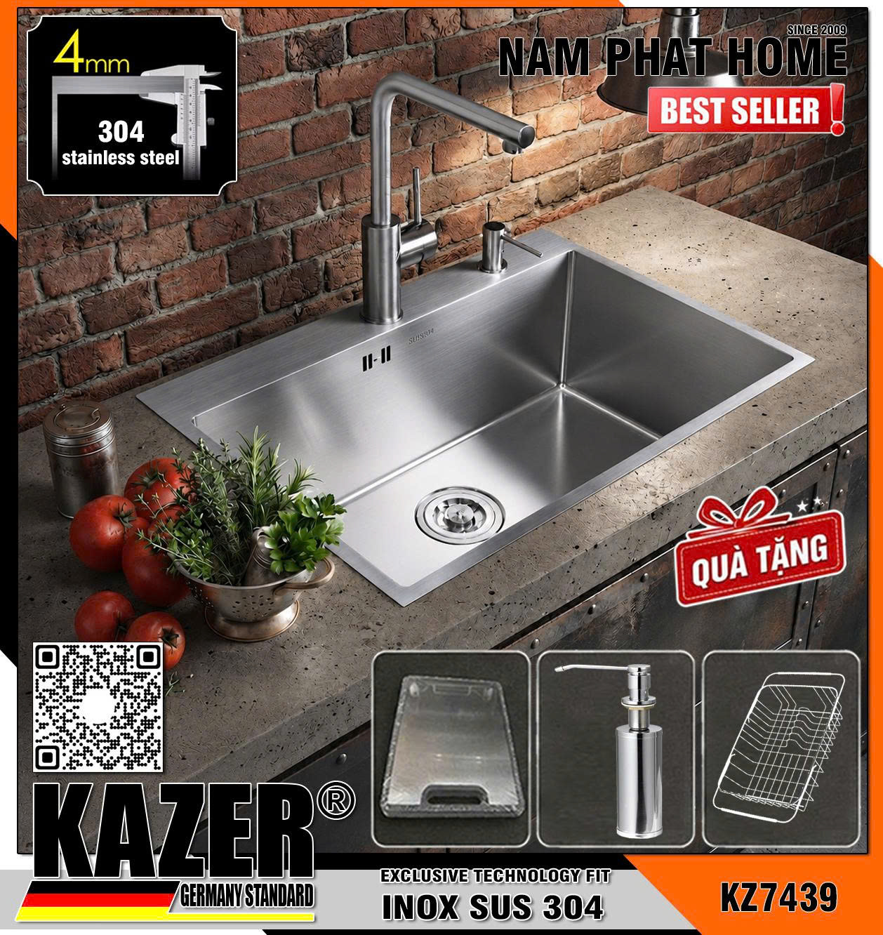 KZ7439 - BỒN RỬA CHÉN 1 HỘC KAZER, DÀY 4LI CAO CẤP, INOX ĐÚC NHẬP KHẨU 304