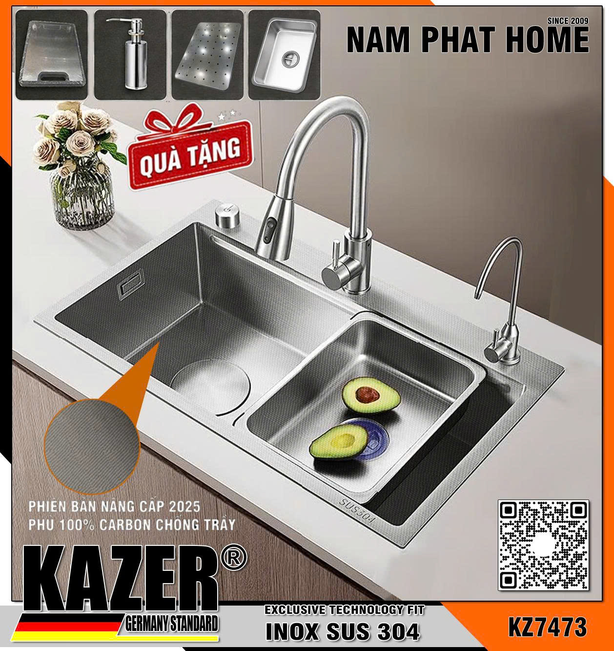 KZ7473 - BỒN RỬA CHÉN 1 HỘC KAZER, INOX ĐÚC NHẬP KHẨU 304, PHỦ FULL CARBON