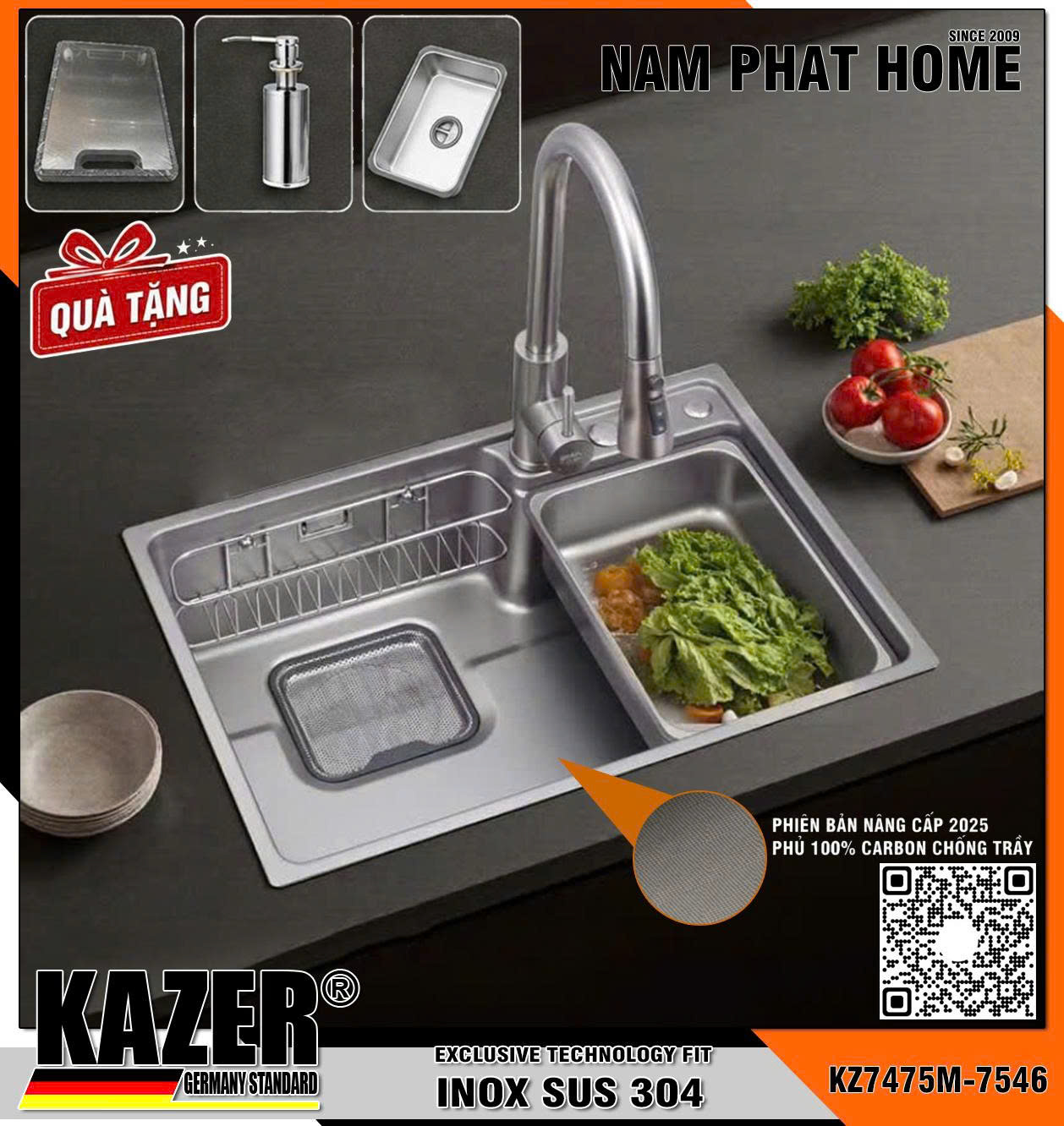 KZ7475M - BỒN RỬA CHÉN 1 HỘC KAZER, INOX ĐÚC NHẬP KHẨU 304