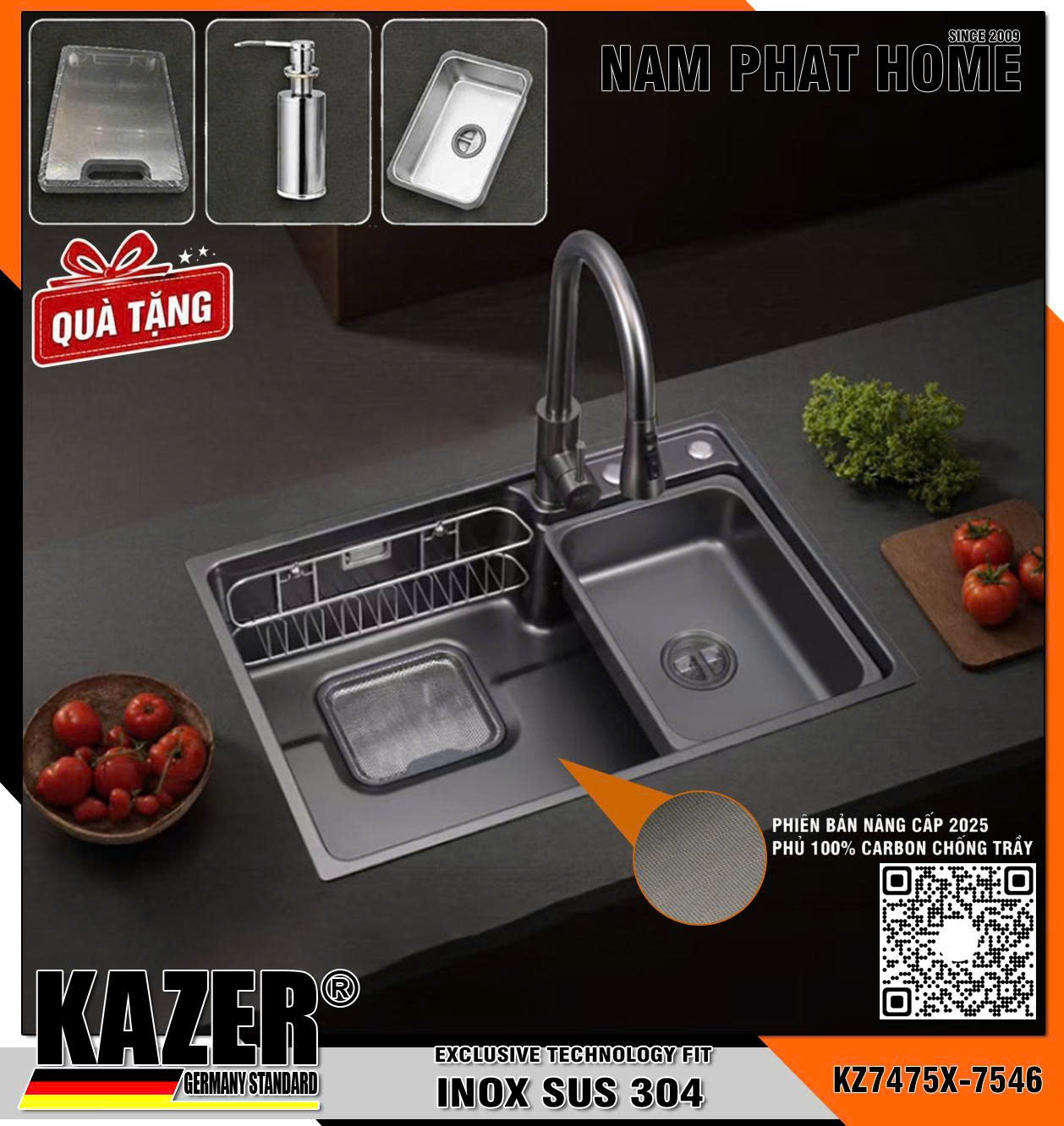 KZ7475X - BỒN RỬA CHÉN 1 HỘC KAZER, INOX ĐÚC NHẬP KHẨU 304