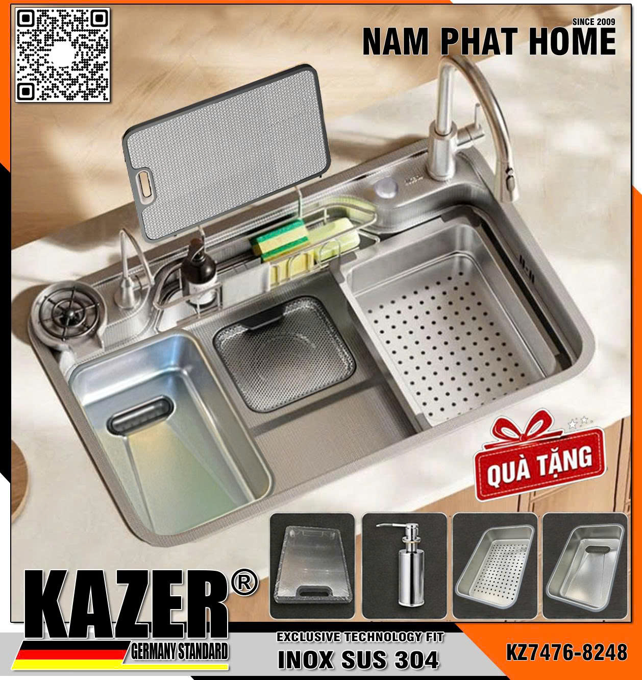 KZ7476 - BỒN RỬA CHÉN 1 HỘC KAZER, INOX ĐÚC NHẬP KHẨU 304