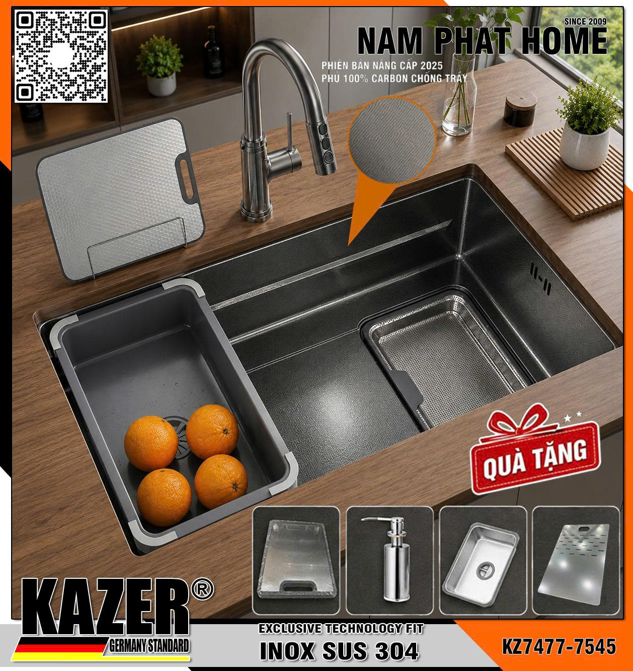 KZ7477 - BỒN RỬA CHÉN 1 HỘC KAZER, MẪU ÂM BÀN ĐÁ, INOX 304, SIZE 750x450mm,CÓ CHỐNG TRẦY, TẶNG 4 PHỤ KIỆN
