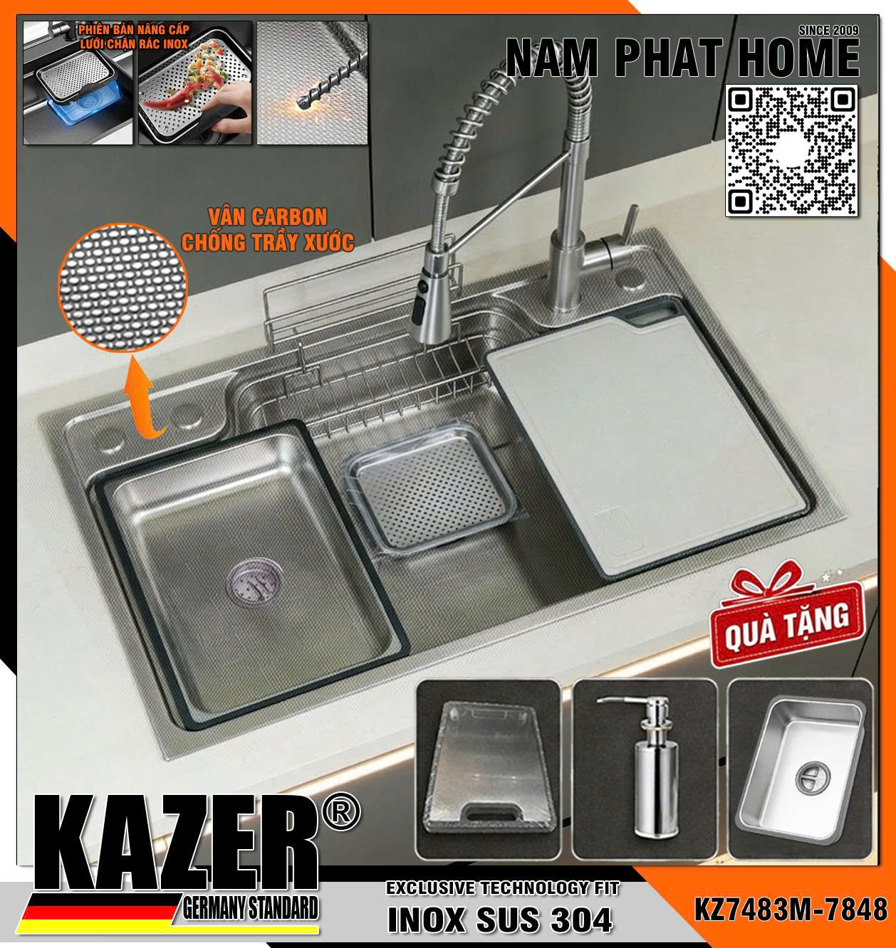 KZ7483M-7848 - CHẬU CHÉN 1 HỘC CÓ VÂN CARBON CHỐNG TRẦY, TẶNG KHAY INOX + INOX MỜ , DẦY 5mm ,Size 780x480mm 