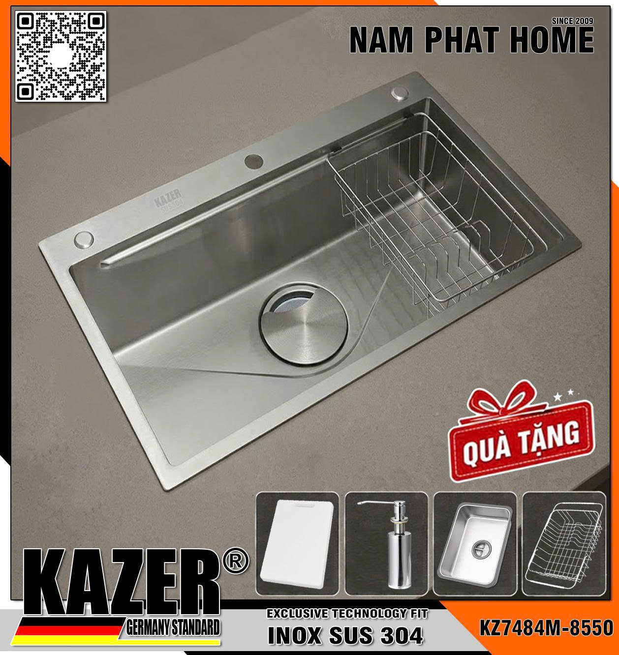KZ7484M - CHẬU RỬA CHÉN 1 HỘC KAZER, INOX 304  CHUẨN NGUYÊN CHẤT
