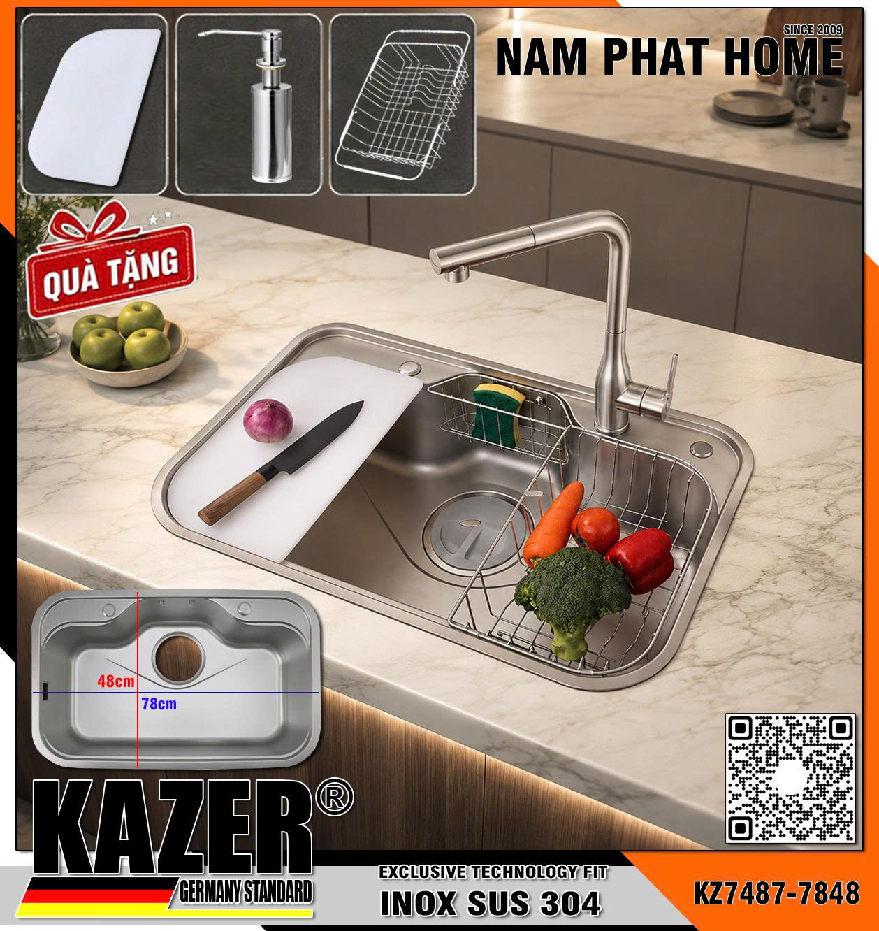 KZ7487-7848 - BỒN RỬA CHÉN 1 HỘC KAZER - INOX 304 CHUẨN  - KT 780x480mm (Thớt nhựa + Rổ đang năng inox + Bình xà bông inox)