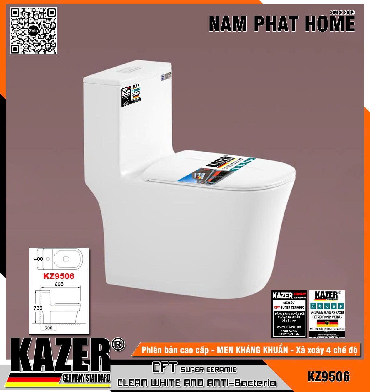 KZ9506 - BỒN CẦU MỘT KHỐI KAZER MẪU THẤP, SIZE 695x400x735mm