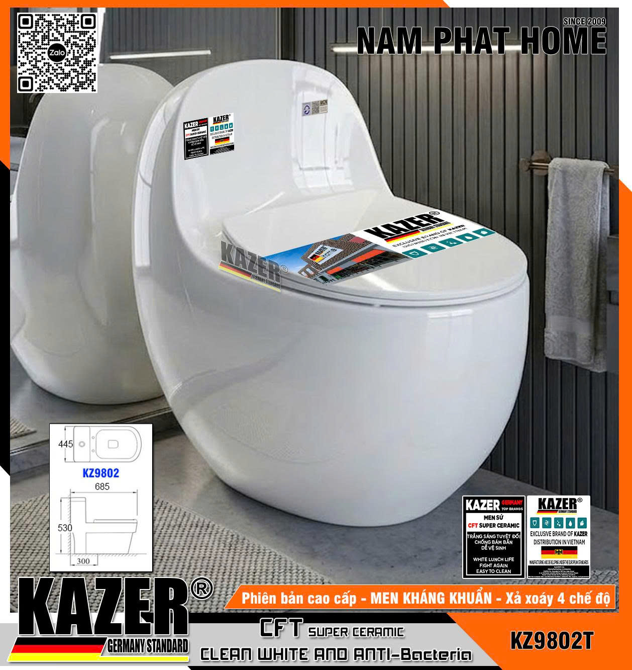 KZ9802T - BỒN CẦU TRỨNG KAZER MÀU TRẮNG