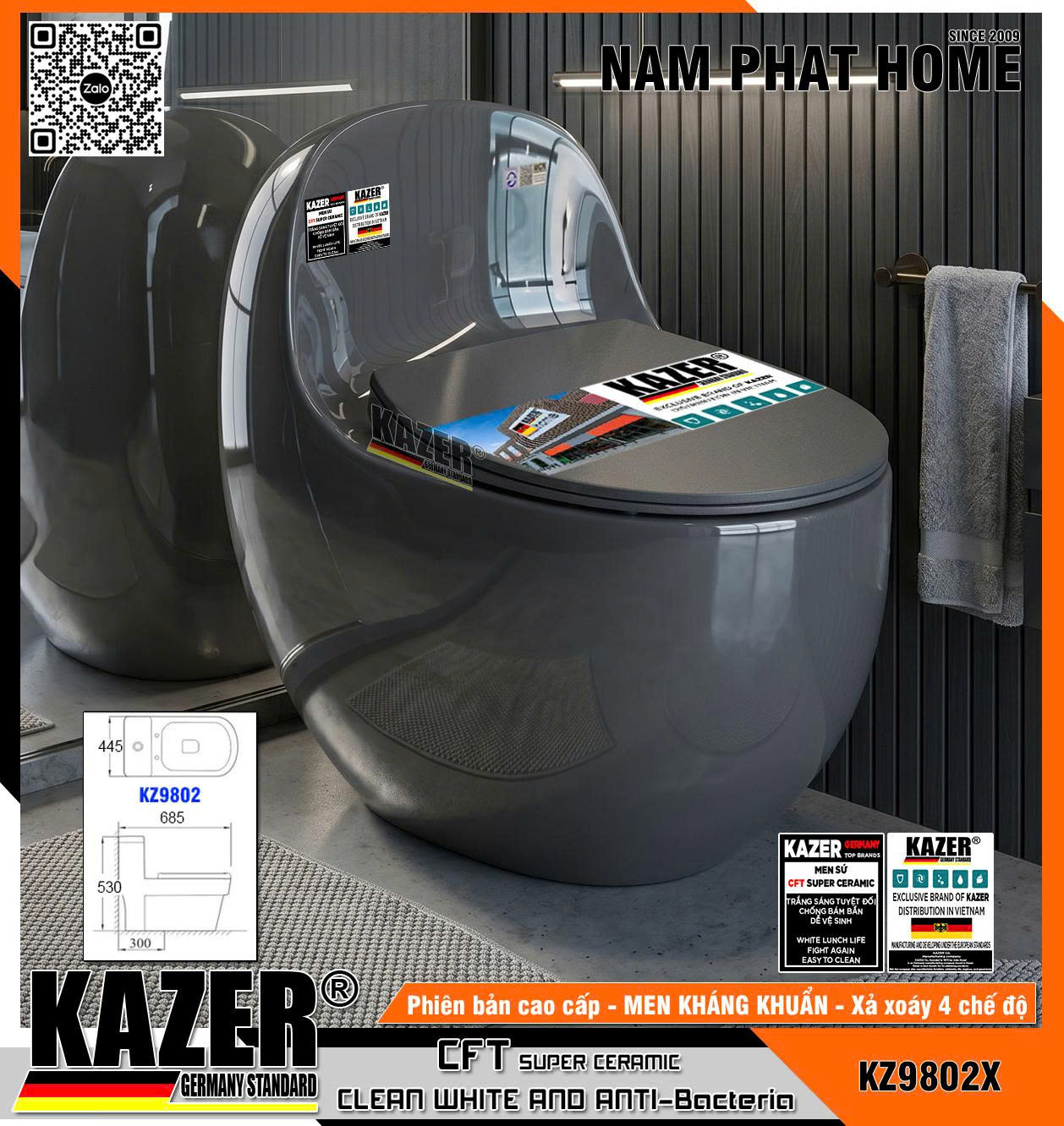 KZ9802X - BỒN CẦU TRỨNG KAZER MÀU XÁM