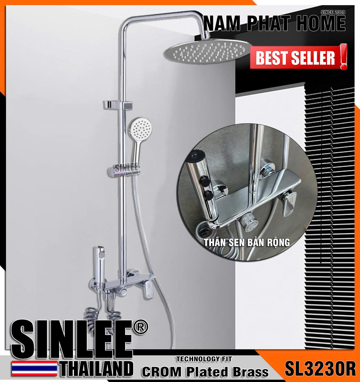 SL3230R - SEN CÂY TẮM ĐỨNG SINLEE - ĐỒNG THAU MẠ CROME BÓNG 