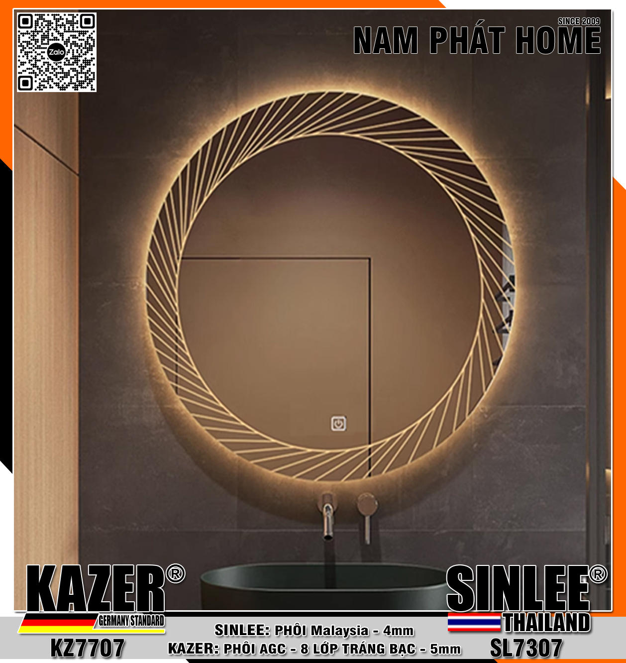 KZ7707, GƯƠNG LED HẮT TRƯỚC, PHÔI AGC KAZER TRÁNG BẠC 8 LỚP