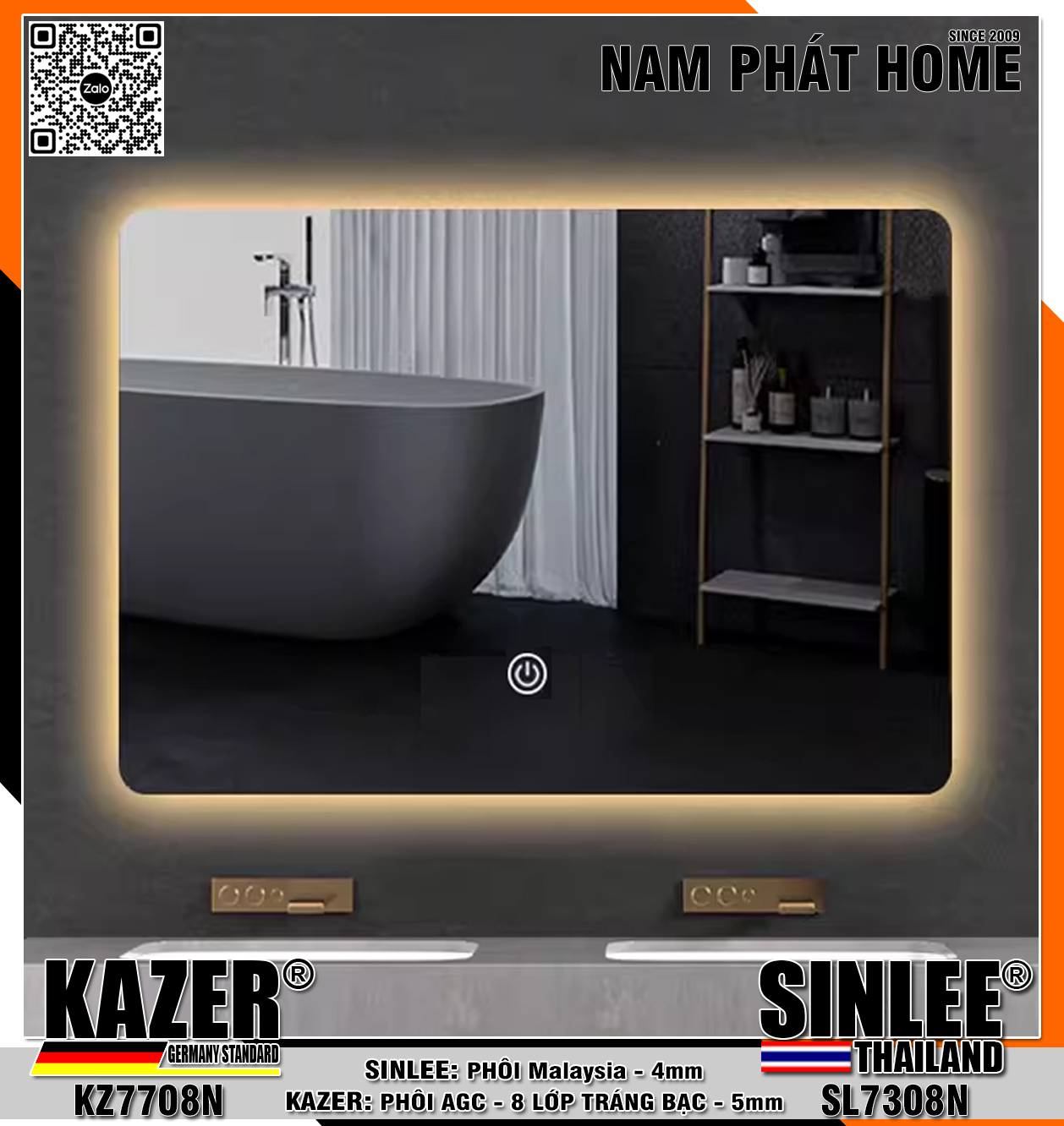 KZ7708, GƯƠNG LED HẮT SAU,PHÔI AGC KAZER TRÁNG BẠC 8 LỚP
