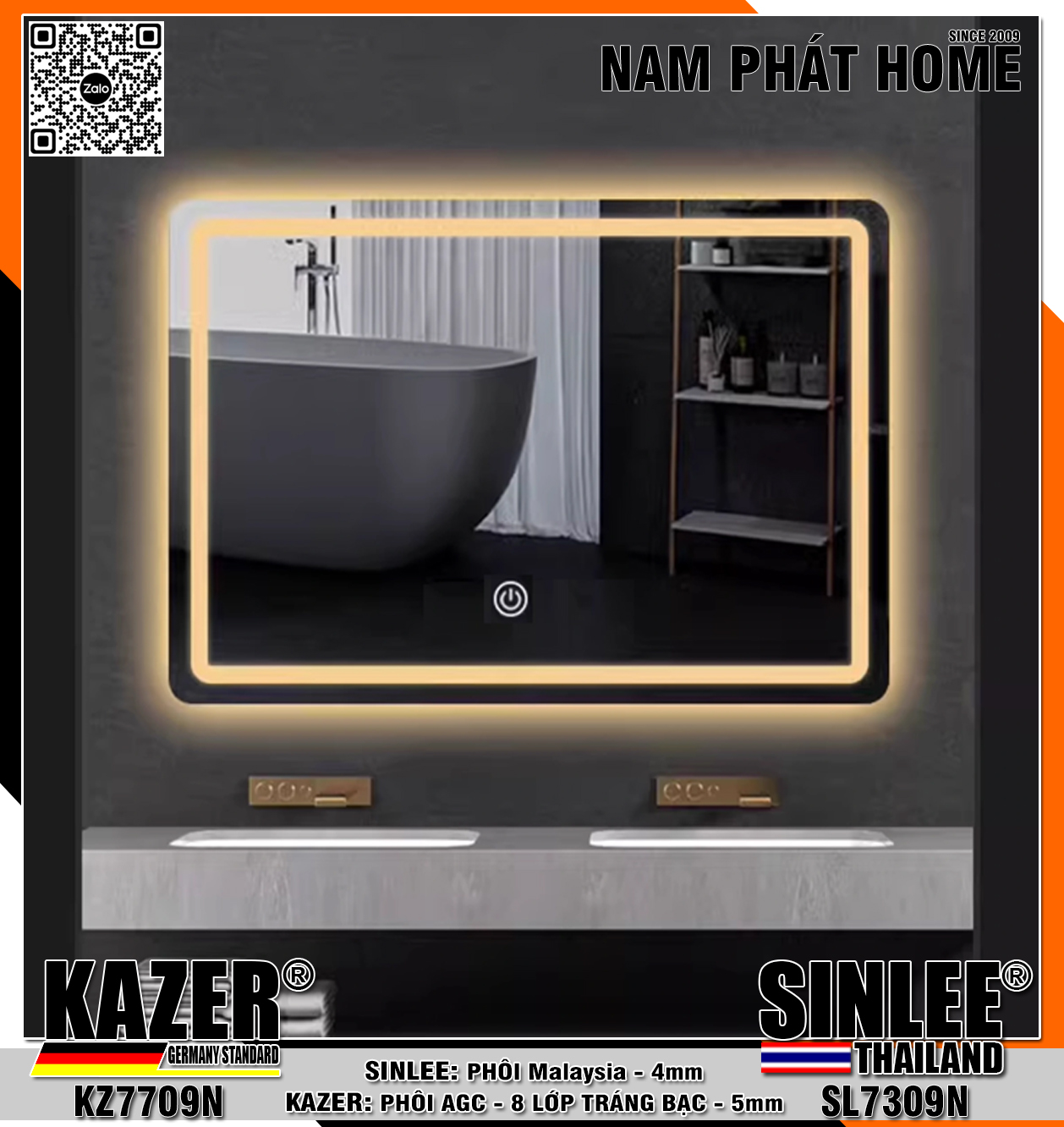 KZ7709N, GƯƠNG LED HẮT TRƯỚC, PHÔI AGC KAZER TRÁNG BẠC 8 LỚP-NGANG