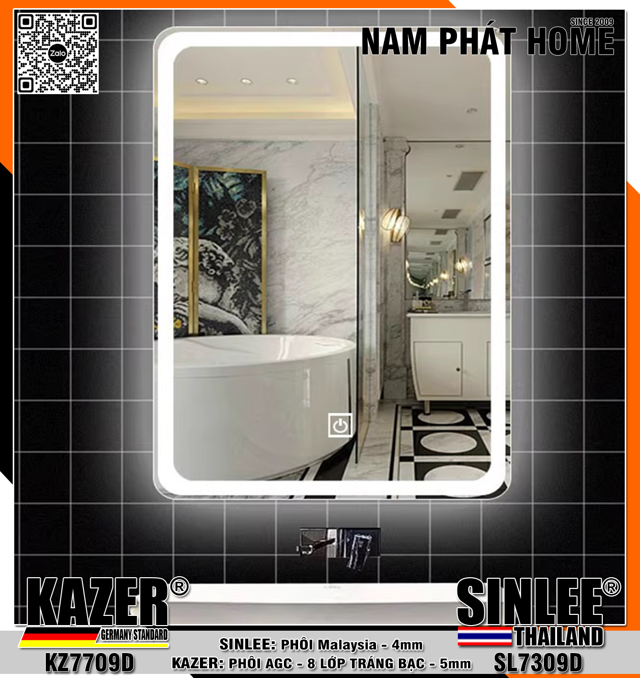 SL7309, GƯƠNG LED HẮT TRƯỚC, PHÔI Malaysia,4MM ĐỨNG