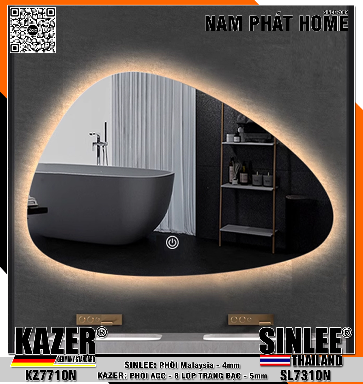KZ7710, GƯƠNG LED HẮT SAU,PHÔI AGC KAZER TRÁNG BẠC 8 LỚP