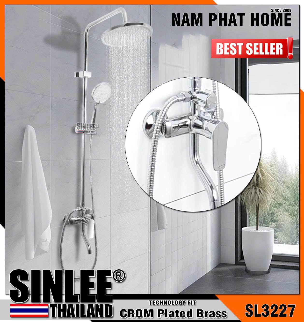 SL3227 - SEN CÂY TẮM ĐỨNG TRÒN GIỮA SINLEE - ĐỒNG THAU MẠ CROME