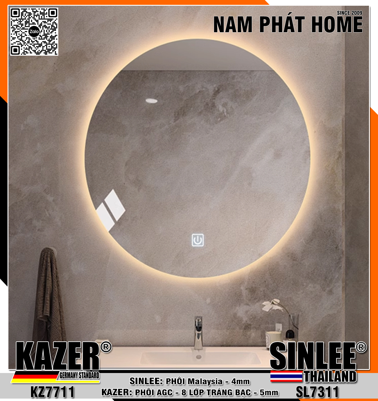 KZ7711, GƯƠNG LED HẮT SAU, PHÔI AGC KAZER TRÁNG BẠC 8 LỚP