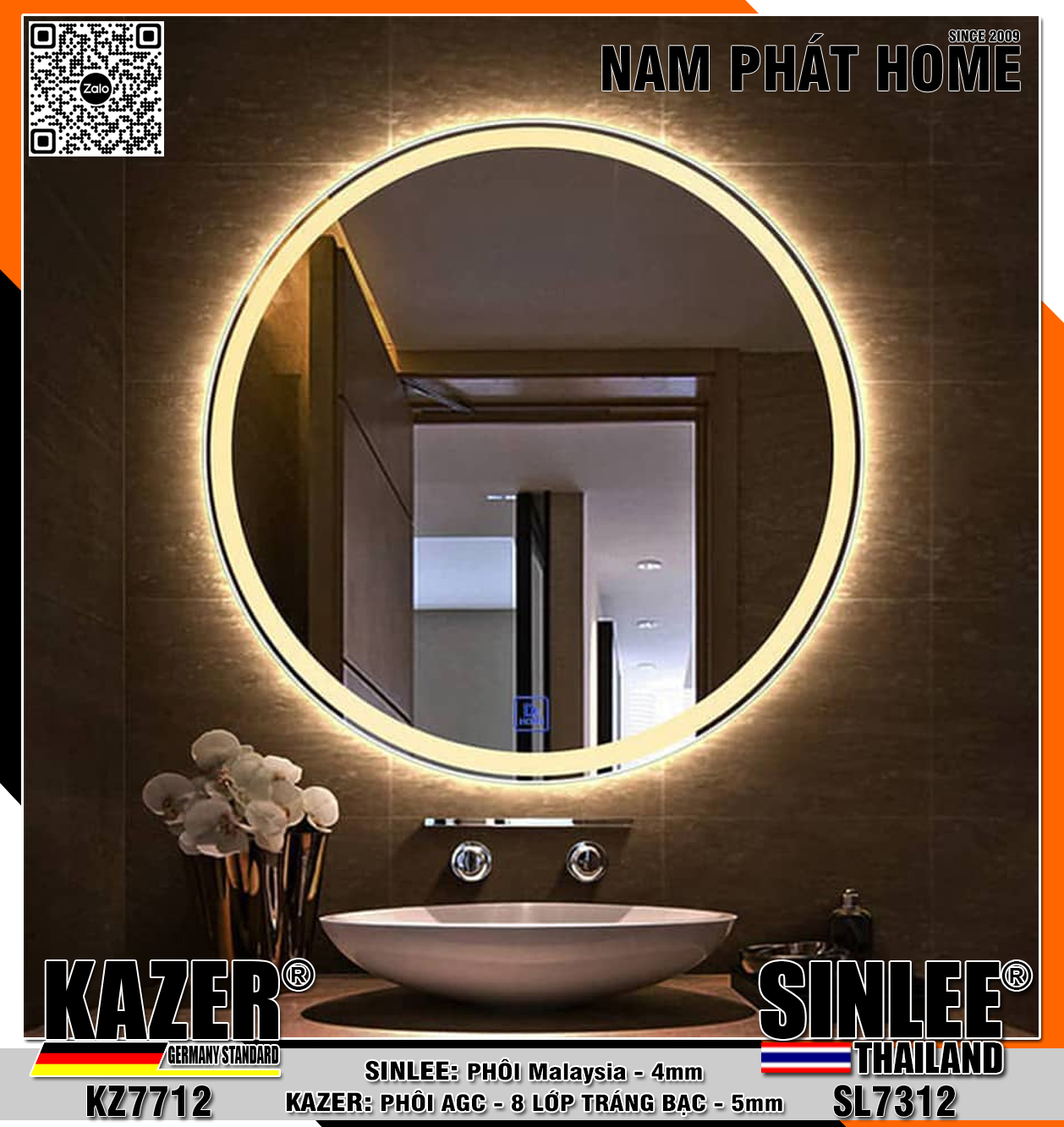 KZ7712, GƯƠNG LED HẮT TRƯỚC, PHÔI AGC KAZER TRÁNG BẠC 8 LỚP