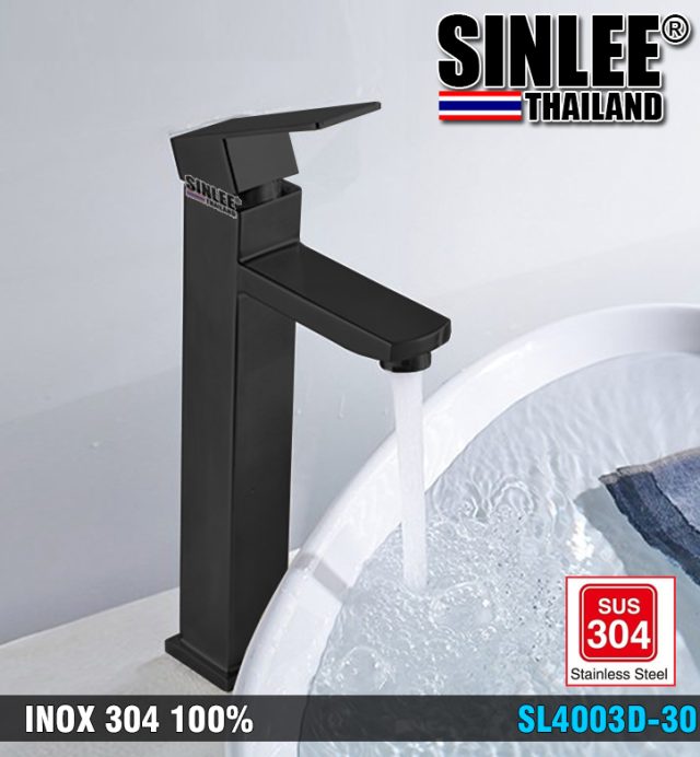 SL4003D-30 - VÒI LAVABO NÓNG LẠNH MẪU VUÔNG INOX 304, SƠN TĨNH ĐIỆN ĐEN 30CM SINLEE