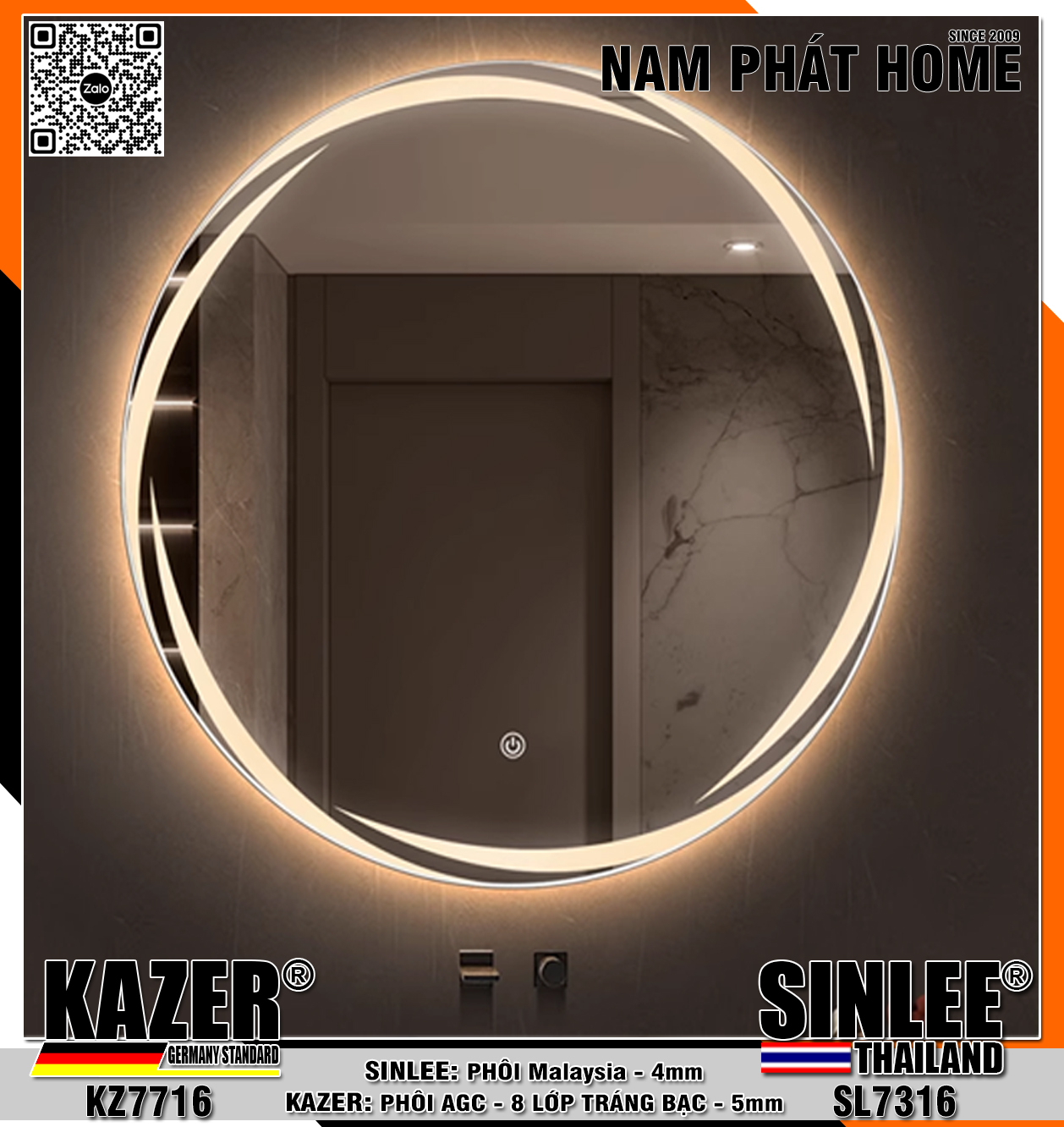 KZ 7716, GƯƠNG LED HẮT TRƯỚC, PHÔI AGC KAZER TRÁNG BẠC 8 LỚP