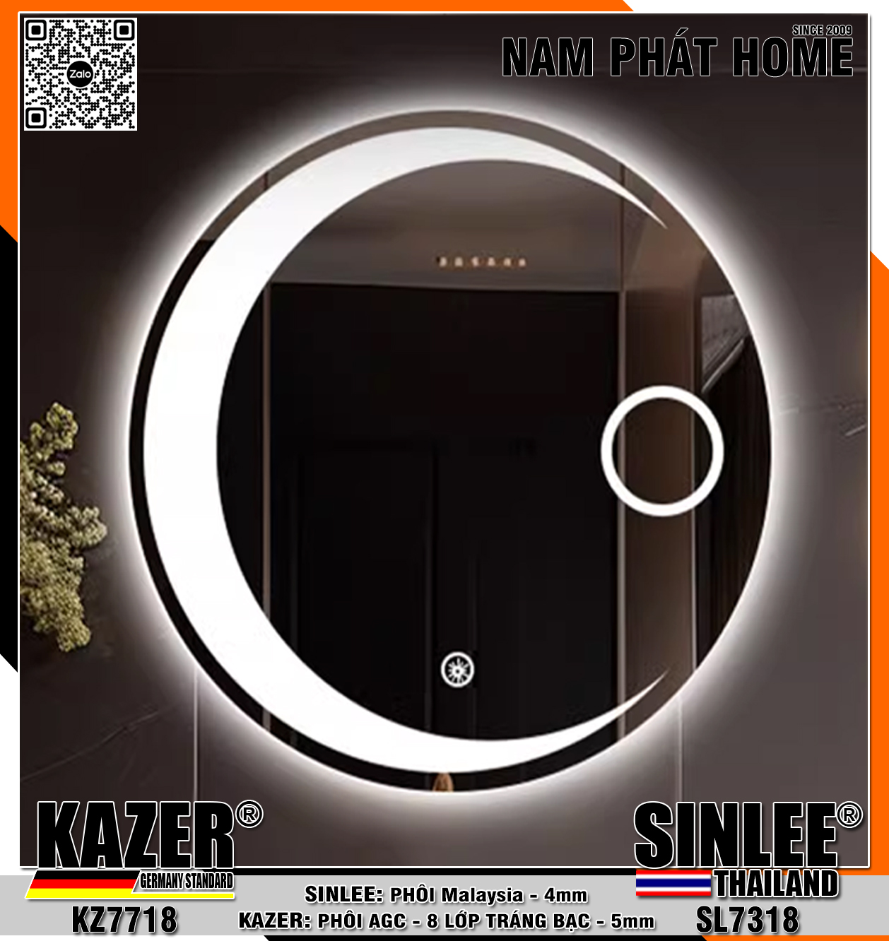 SL7318, GƯƠNG LED HẮT TRƯỚC, PHÔI Malaysia,4MM 