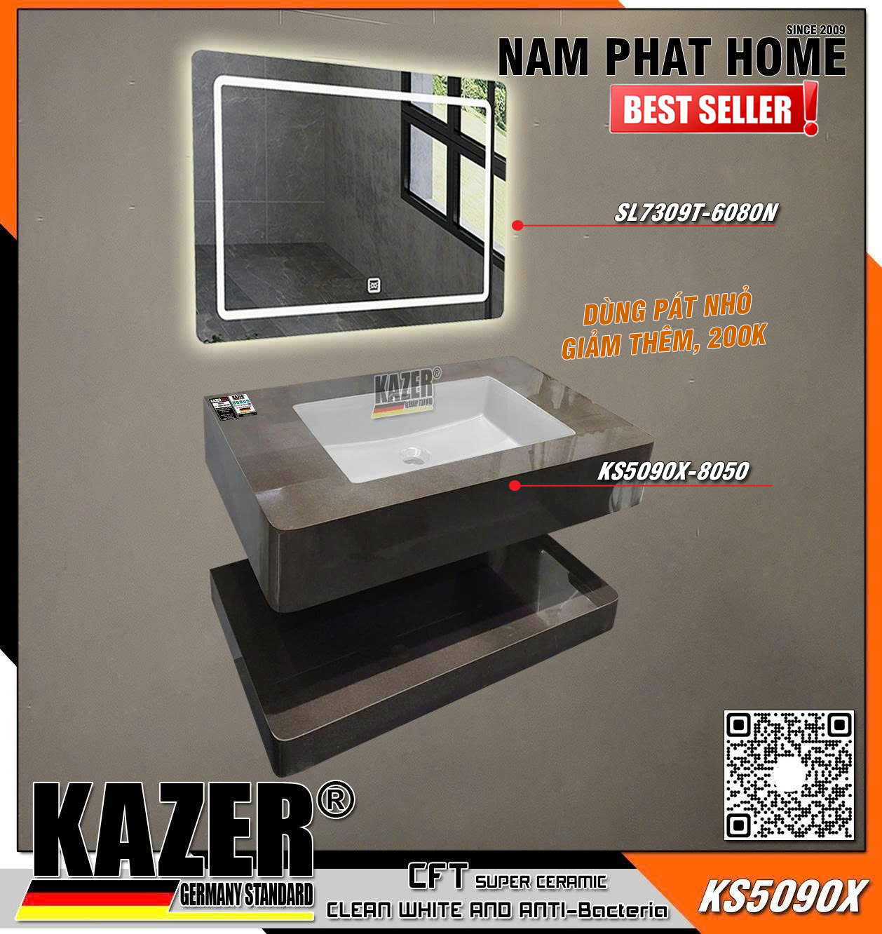 Bàn đá lavabo KAZER KS5090X 8050, 2 cạnh bo cong + Gương SL7351T 6080N - 80cm (1)