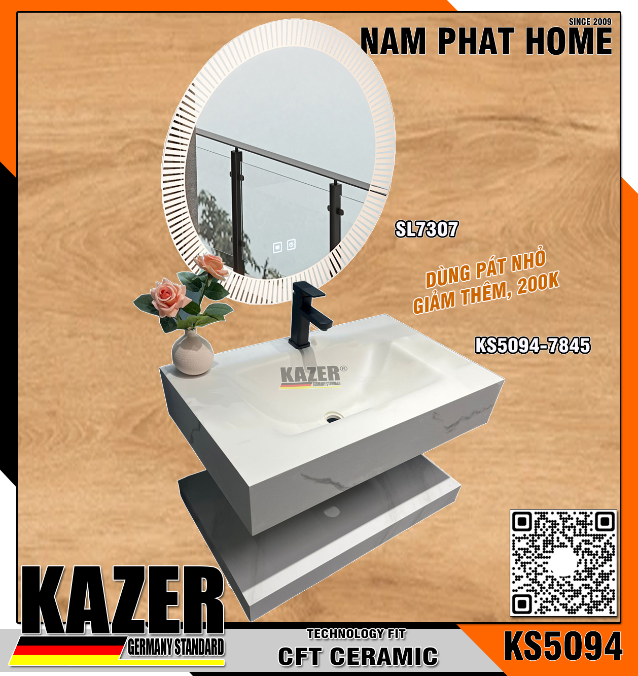Bàn đá lavabo KAZER KS5094+ Gương SL7307-50 - 80cm