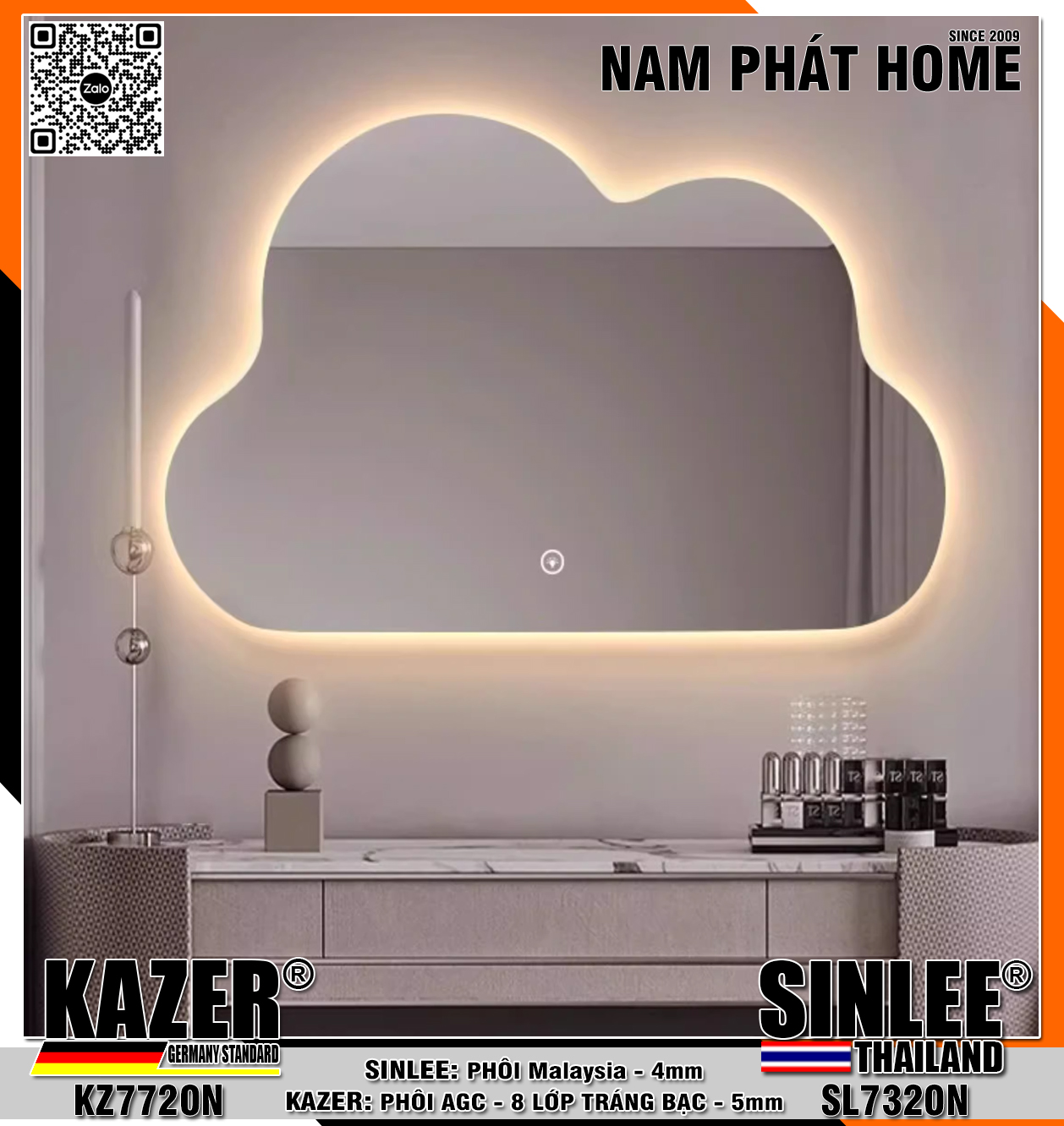 KZ 7720, GƯƠNG LED HẮT SAU , PHÔI AGC KAZER TRÁNG BẠC 8 LỚP