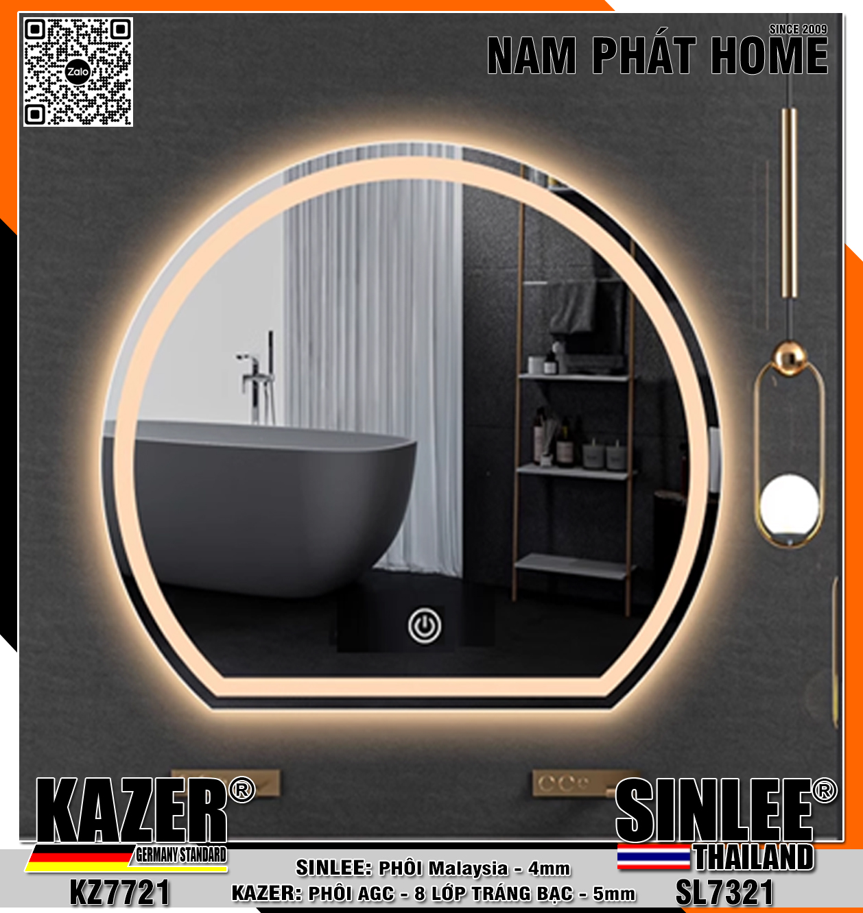 KZ7721, GƯƠNG LED HẮT TRƯỚC, PHÔI AGC KAZER TRÁNG BẠC 8 LỚP