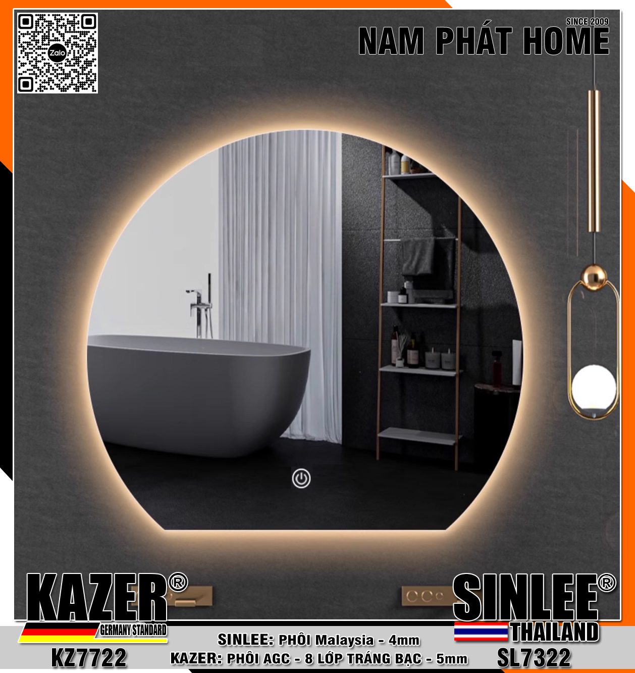 KZ7722, GƯƠNG LED HẮT SAU ,  PHÔI AGC KAZER TRÁNG BẠC 8 LỚP