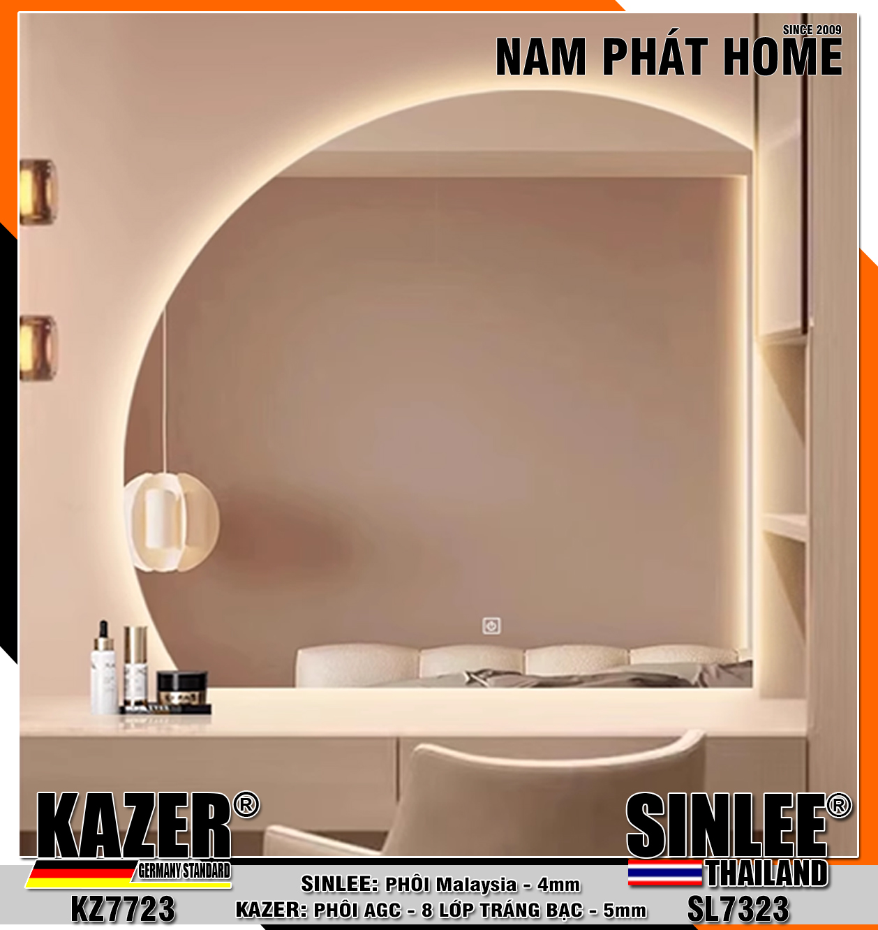 KZ7723, GƯƠNG LED HẮT SAU,PHÔI AGC KAZER TRÁNG BẠC 8 LỚP 