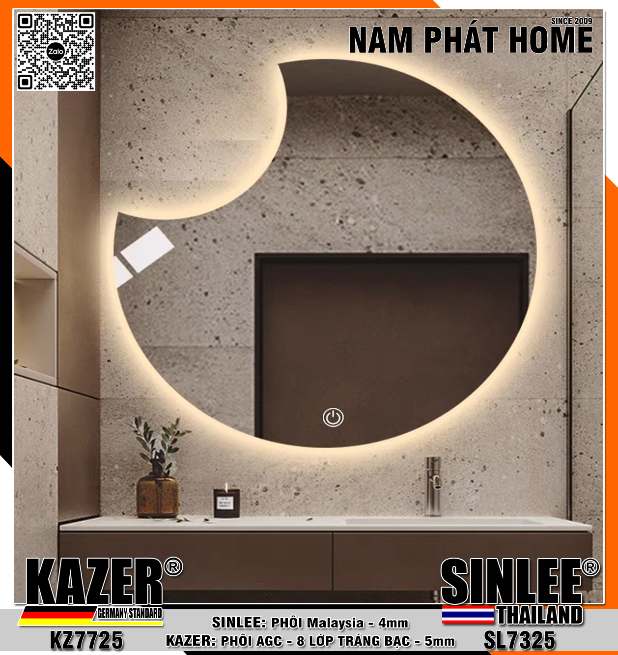 KZ7725, GƯƠNG LED HẮT SAU, PHÔI AGC KAZER TRÁNG BẠC 8 LỚP