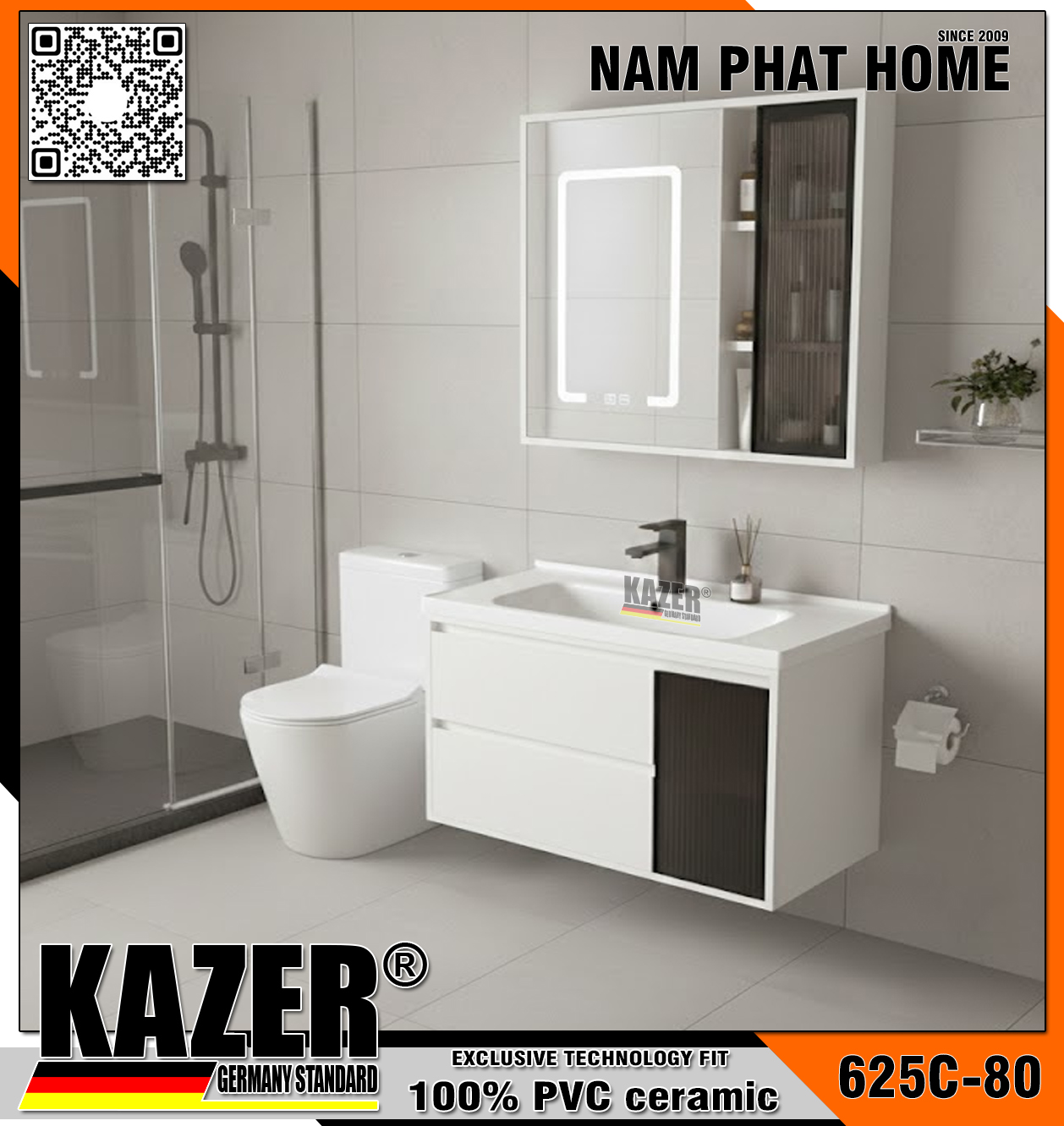 Tủ lavavo phòng tắm KAZER 625C, Tủ gương led, Pvc chống thấm Size 80CM 